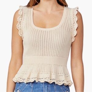 Women’s Small Ammeline Knit Crochet Peplum Top - Oatmeal Ecru Cream